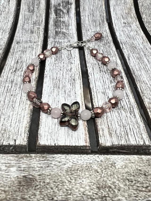 Butterfly Charm, Rose Quartz, and Firepolish Crystals Bracelet