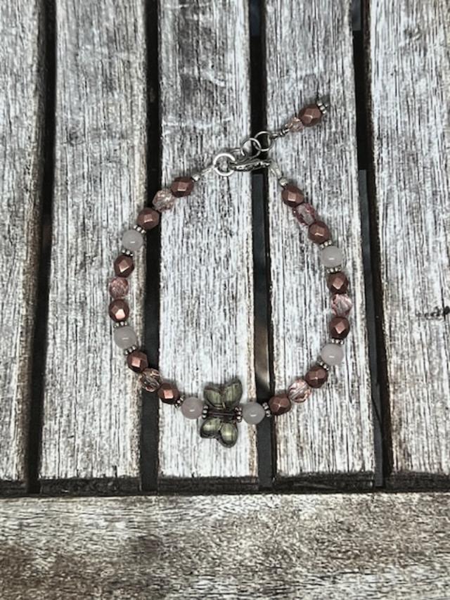 Butterfly Charm, Rose Quartz, and Firepolish Crystals Bracelet