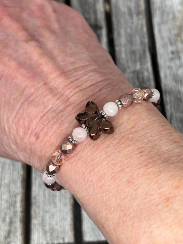 Butterfly Charm, Rose Quartz, and Firepolish Crystals Bracelet