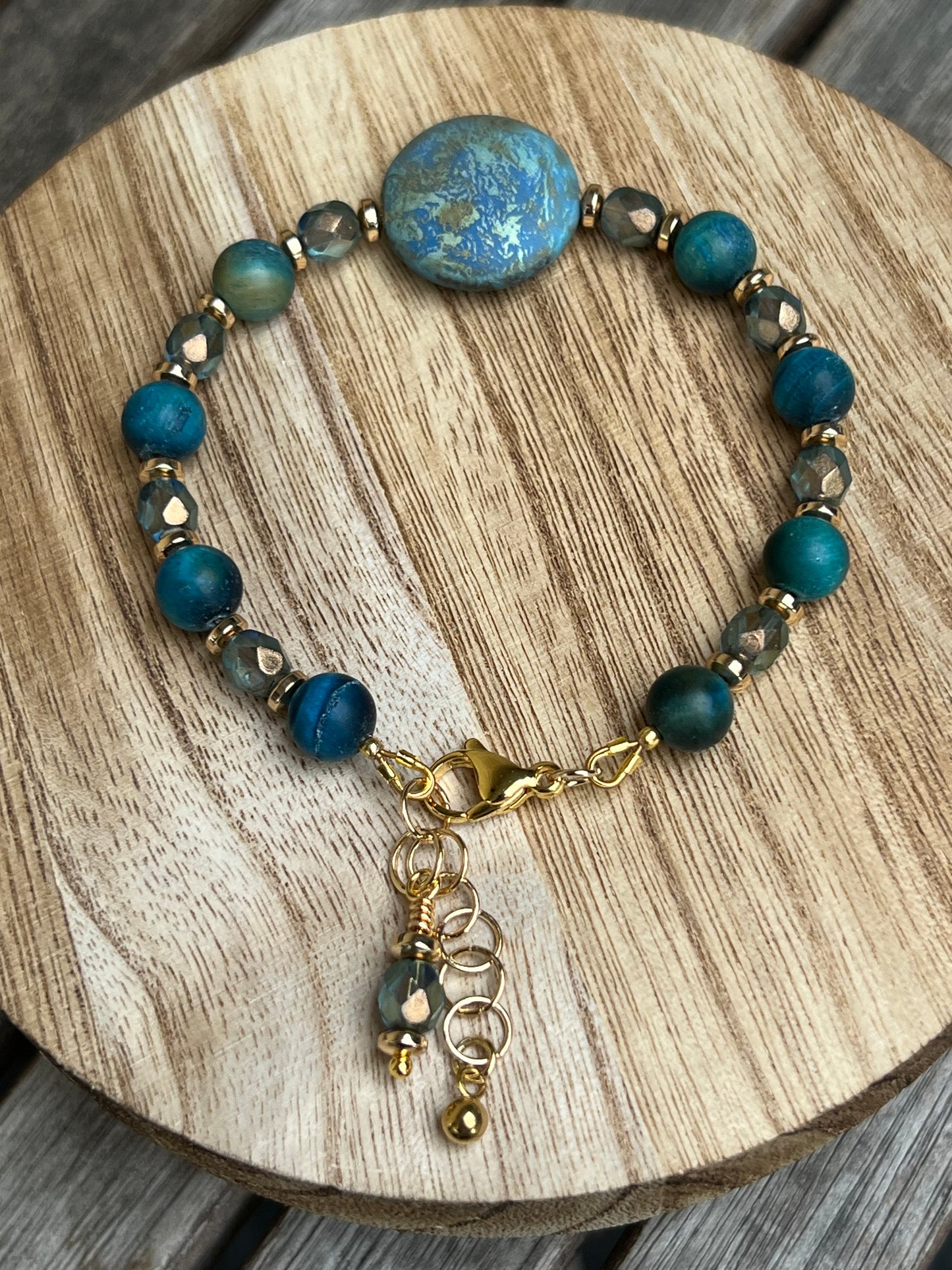 Czech Glass and Matte Sapphire Tiger Eye Bracelet