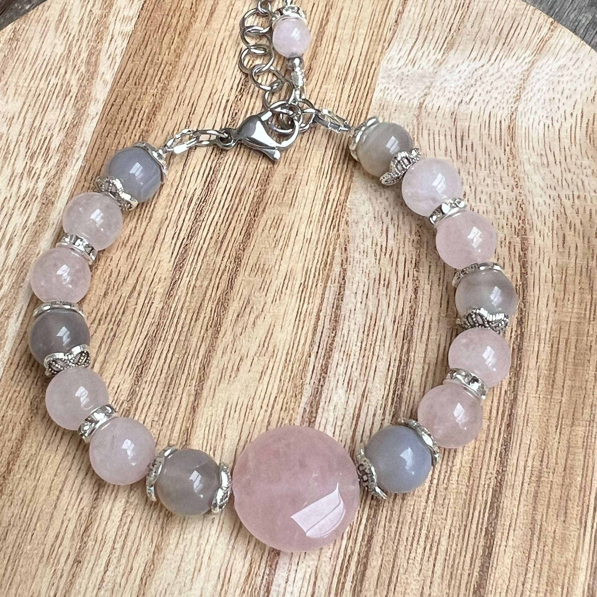 Rose Quartz and Grey Striped Agate Bracelet