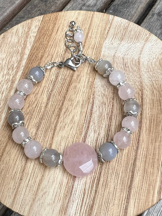 Rose Quartz and Grey Striped Agate Bracelet