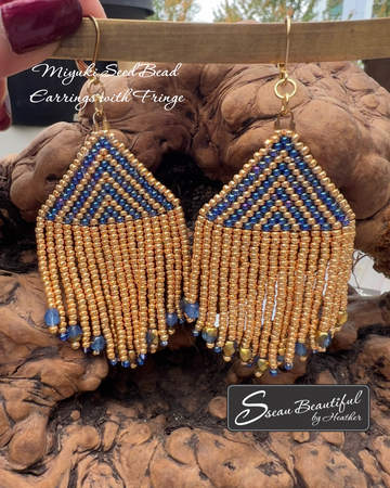 Miyuki Seed Bead & Czech Glass Fringe Earrings | Gold & Blue Statement Dangle