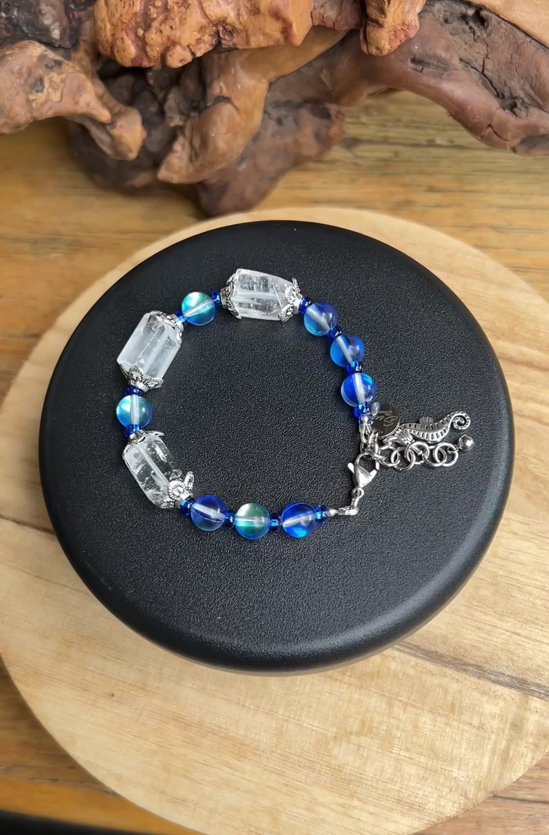 Adjustable bracelet with Crystal Quartz tubes and Sapphire Aura Quartz rounds