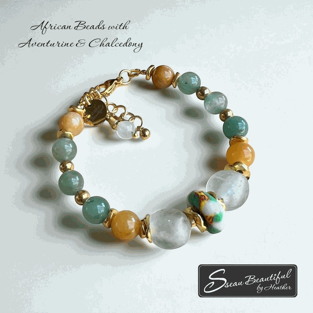Sseau Beautiful adjustable bracelet with green aventurine, orange chalcedony, and African beads.