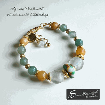 Sseau Beautiful adjustable bracelet with green aventurine, orange chalcedony, and African beads.