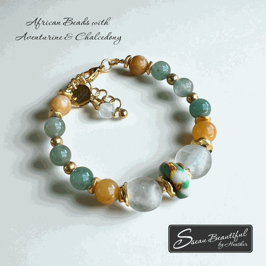 Sseau Beautiful adjustable bracelet with green aventurine, orange chalcedony, and African beads.