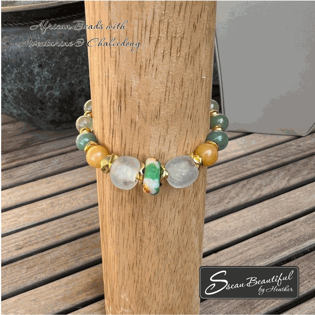 Sseau Beautiful adjustable bracelet with green aventurine, yellow chalcedony, and African beads.