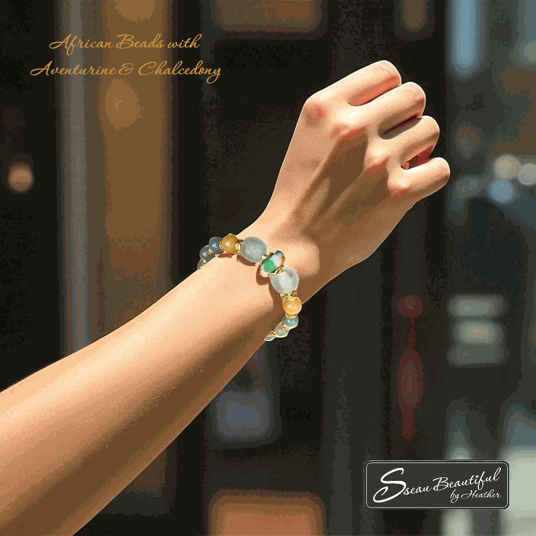 Sseau Beautiful adjustable bracelet with African beads, aventurine and chalcedony in blue, green, and yellow tones.