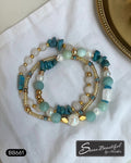 Sseau Beautiful! triple strand stretch bracelet with amazonite, apatite chips, agate, quartz, and hematite beads.