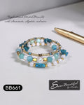 Sseau Beautiful! triple strand stretch bracelet with Amazonite, Apatite, Agate, Quartz, and Hematite beads.