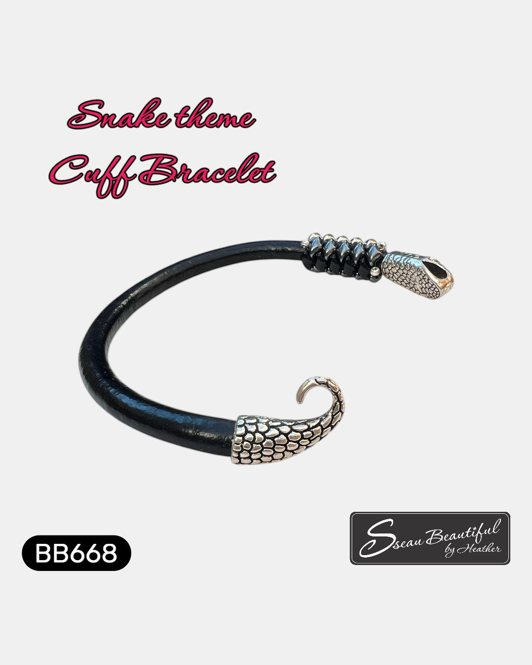 Sseau Beautiful! black leather cuff bracelet with snake head clasp and beaded detail, 7 inch