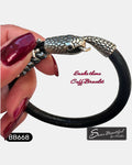 Sseau Beautiful! black leather cuff bracelet with silver snake head clasp and beaded detail, 7 inch