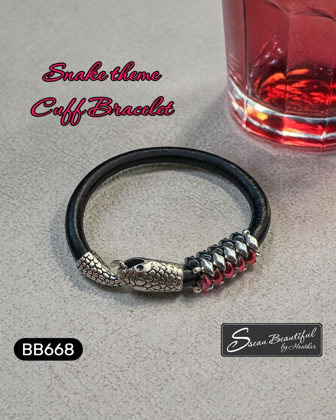 Sseau Beautiful! black leather cuff bracelet with silver snake head clasp and red GemDuo beads, 7 inch