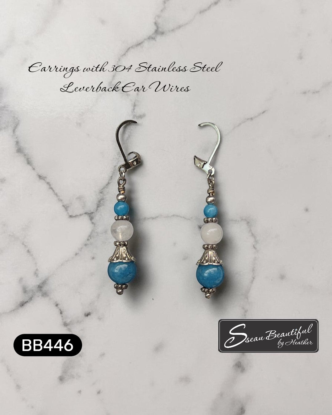 Sseau Beautiful! Ocean Mist dangle earrings with blue apatite and white nephrite jade beads and silver-tone caps.