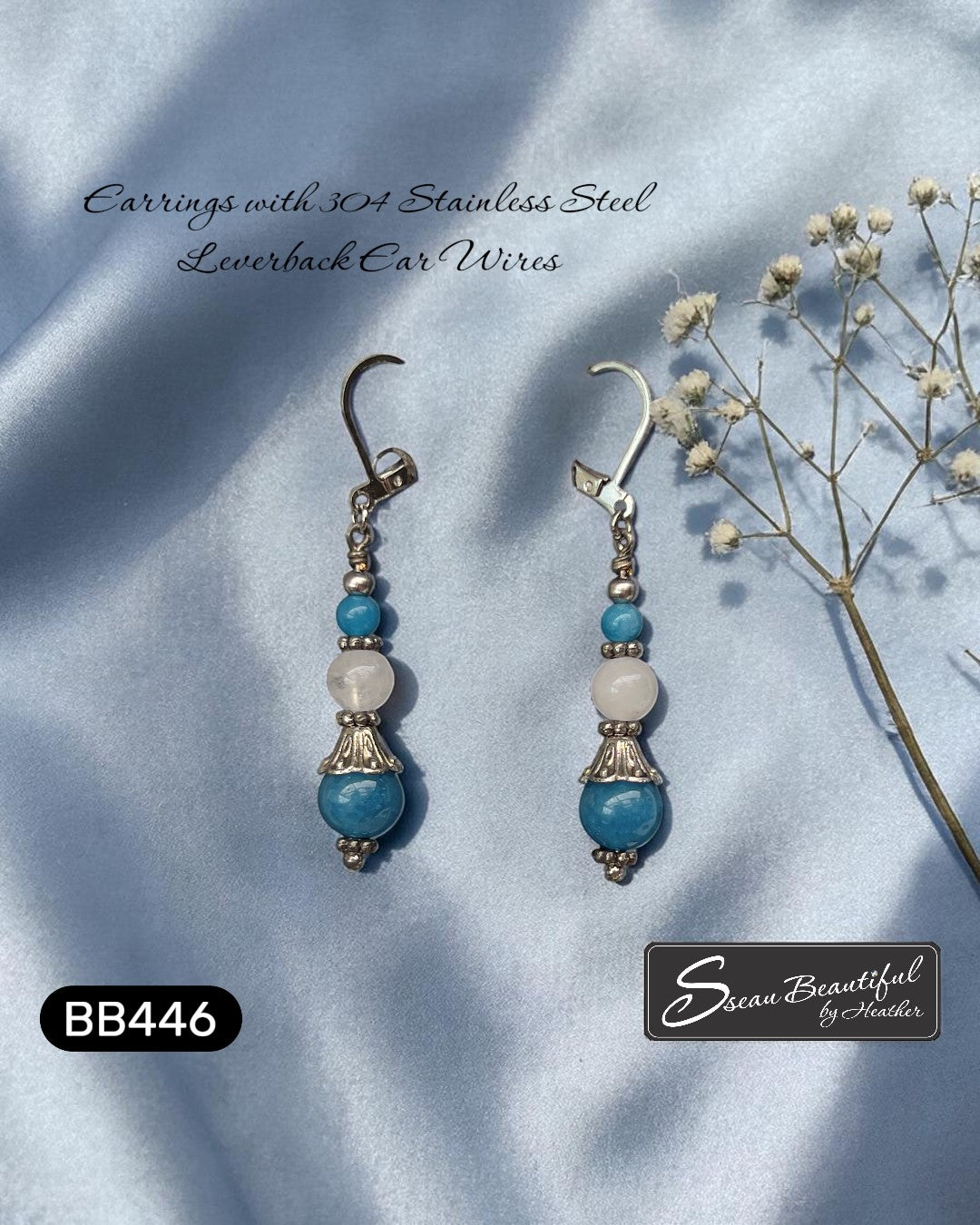 Sseau Beautiful! Ocean Mist dangle earrings with blue apatite and white nephrite jade beads, 2-inch drop, stainless steel lever backs.