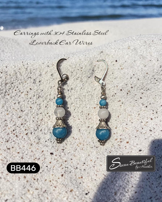 Sseau Beautiful! dangle earrings with blue apatite and white nephrite jade stones, 2-inch length, stainless steel lever backs.