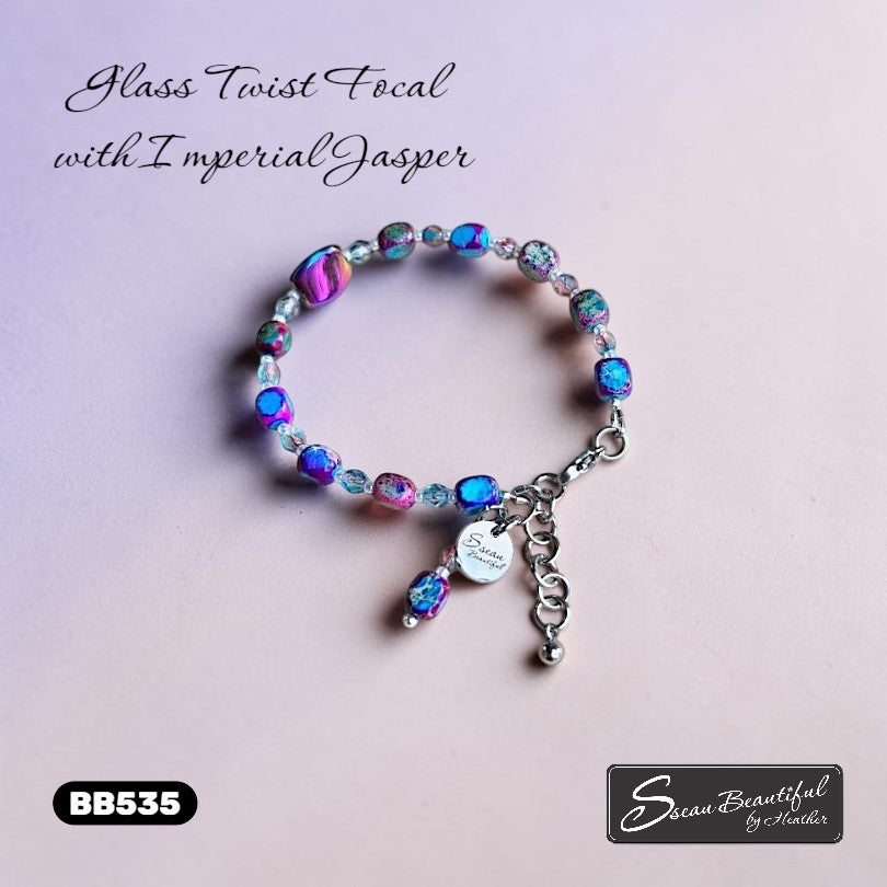 Sseau Beautiful! blue and purple Imperial Jasper rectangular cubes and electroplated glass twist bracelet with Czech crystals and stainless steel clasp.