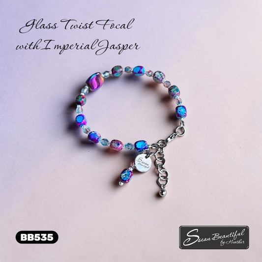Sseau Beautiful! blue and purple Imperial Jasper rectangular cubes and electroplated glass twist bracelet with Czech crystals and stainless steel clasp.