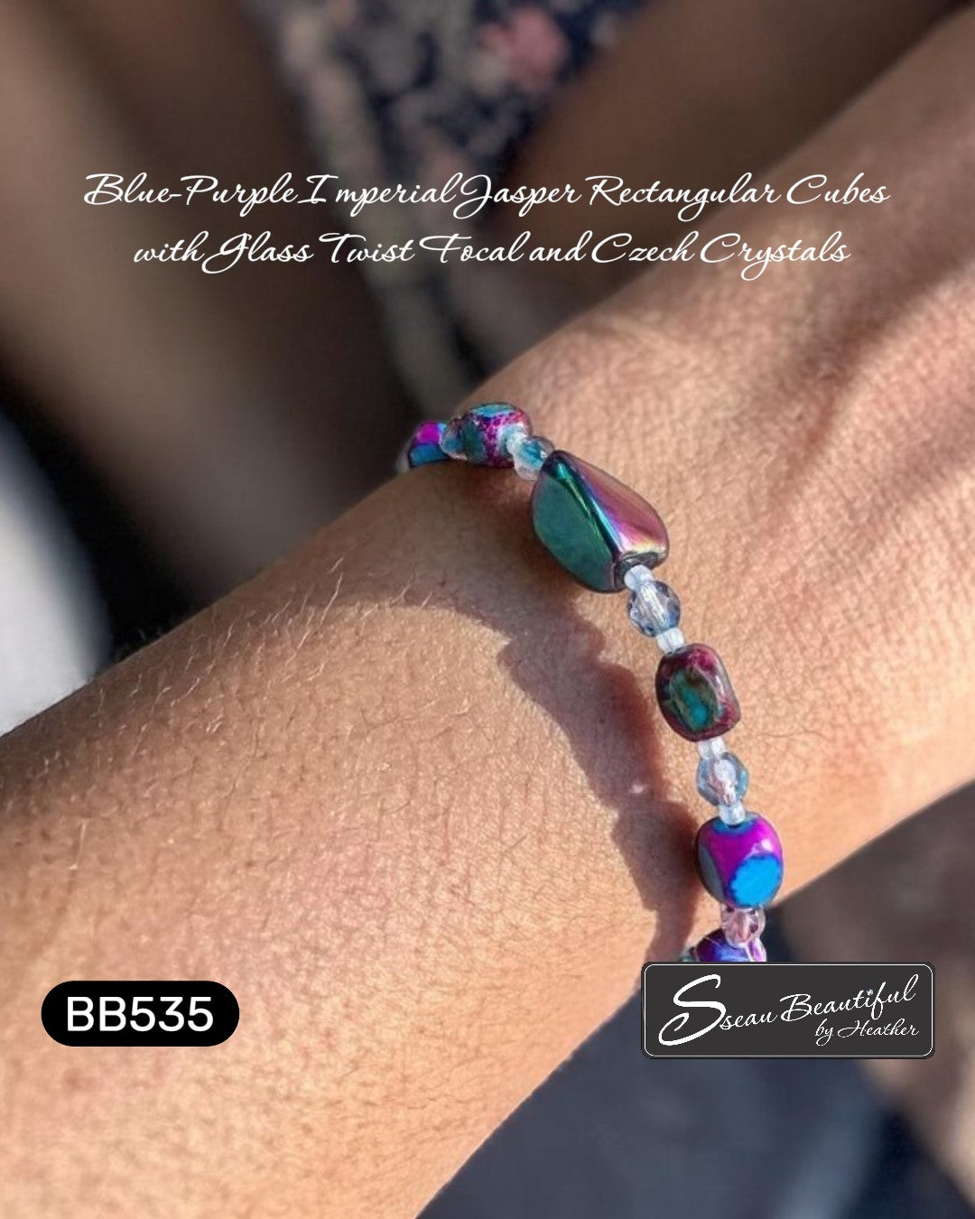 Sseau Beautiful! blue-purple imperial jasper rectangular cubes bracelet with electroplated glass twist focal and Czech crystals.