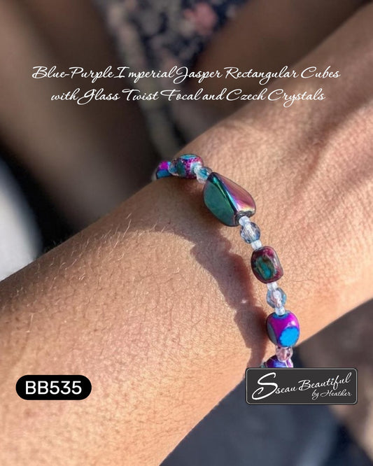 Sseau Beautiful! blue-purple imperial jasper rectangular cubes bracelet with electroplated glass twist focal and Czech crystals.