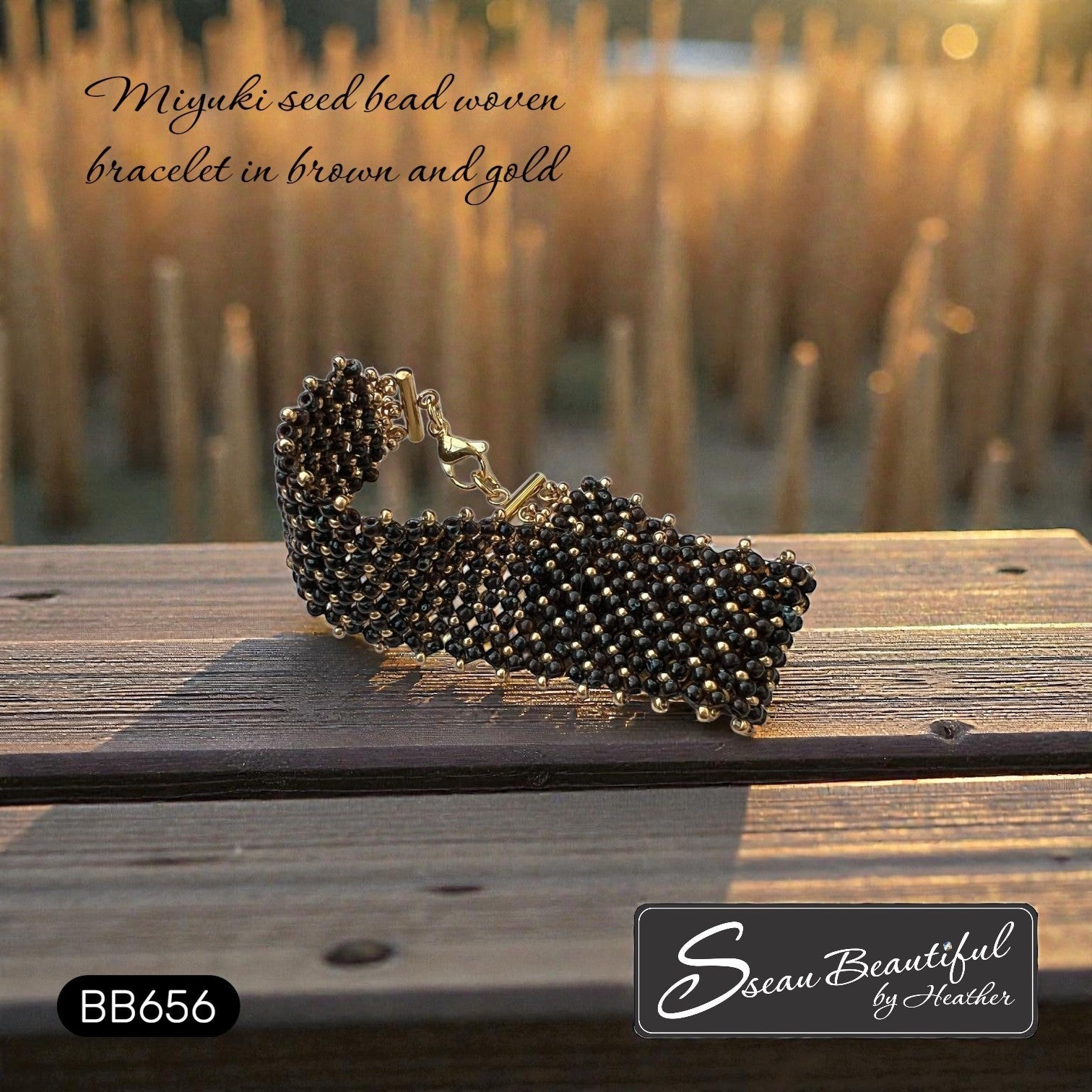 Sseau Beautiful! hand-stitched Miyuki seed bead woven cuff bracelet in warm brown and gold with a gold clasp.
