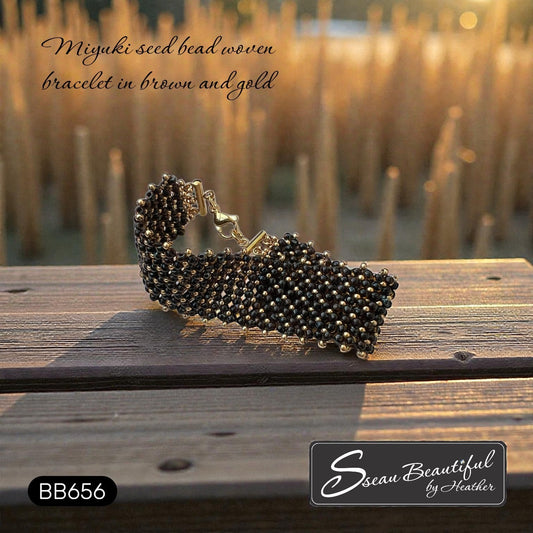 Sseau Beautiful! hand-stitched Miyuki seed bead woven cuff bracelet in warm brown and gold with a gold clasp.