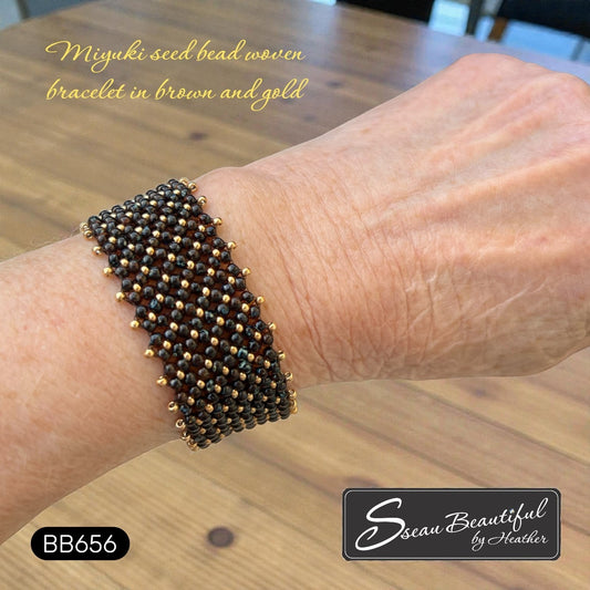 Sseau Beautiful! hand-stitched Miyuki seed bead woven cuff bracelet in warm brown and gold.