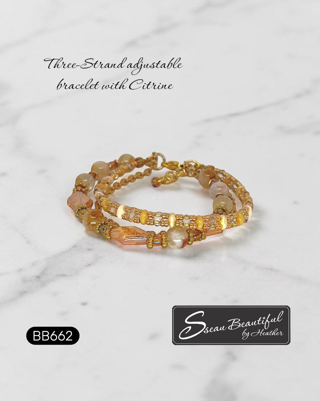 Sseau Beautiful! warm gold three-strand adjustable bracelet with citrine beads and faceted glass accents.