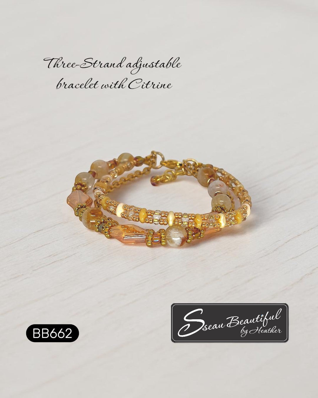 Sseau Beautiful! warm gold three-strand adjustable bracelet with citrine beads and faceted glass accents.