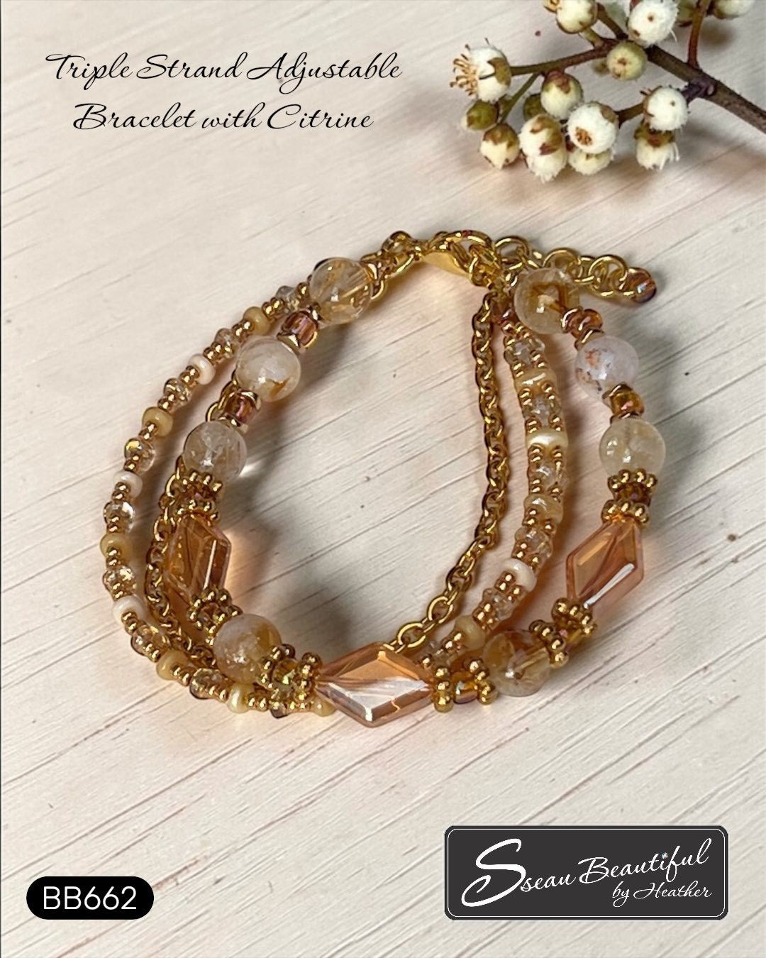 Sseau Beautiful! warm gold triple strand bracelet with citrine beads and faceted glass accents. Adjustable.