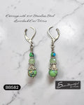Sseau Beautiful! handcrafted dangle earrings with green howlite, blue accents, and faceted green crystal, 304 stainless steel leverbacks.