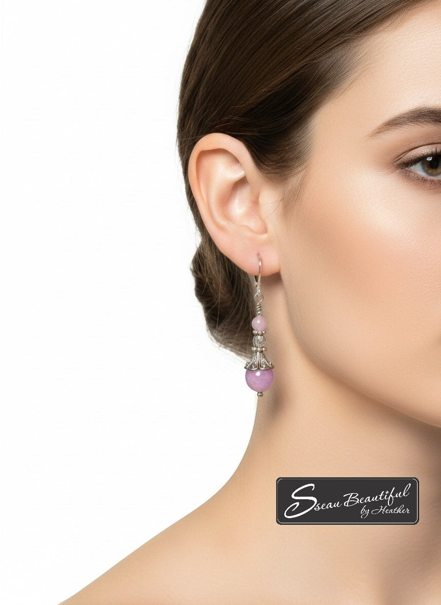 Sseau Beautiful! lavender Angelite and Czech glass dangle earrings, 2 inches long, with stainless steel lever backs.