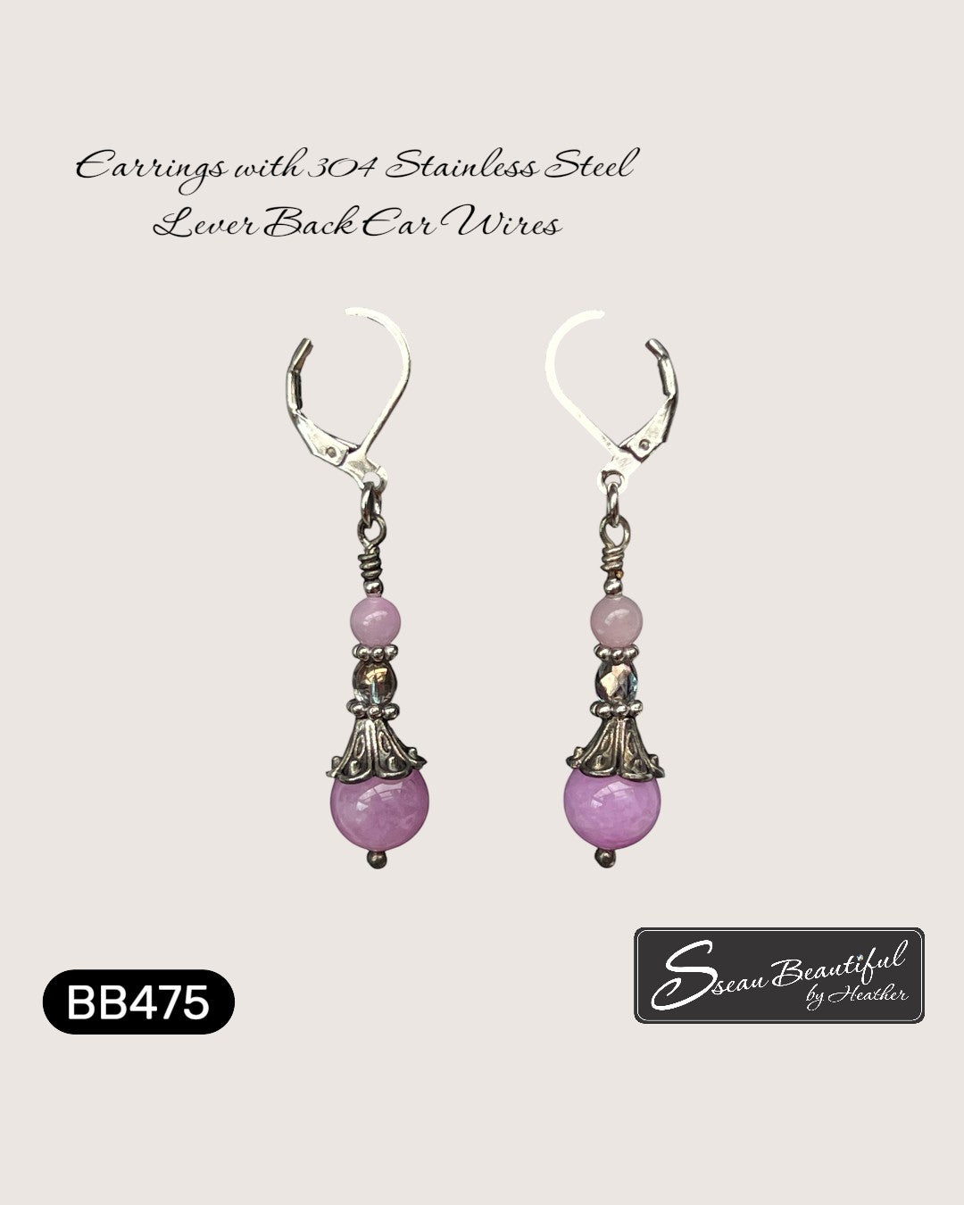 Sseau Beautiful! lavender Angelite & Czech Glass dangle earrings with 304 stainless steel lever back ear wires.