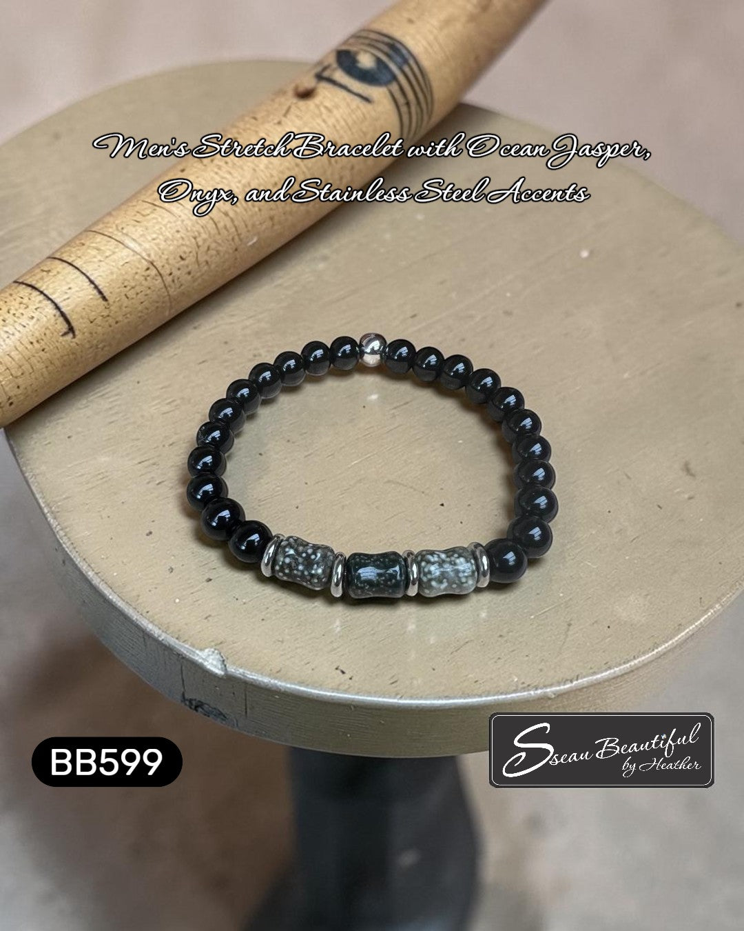 Sseau Beautiful! Men's stretch bracelet with black Onyx, Ocean Jasper tubes, and stainless steel accents. 7.48 inch.