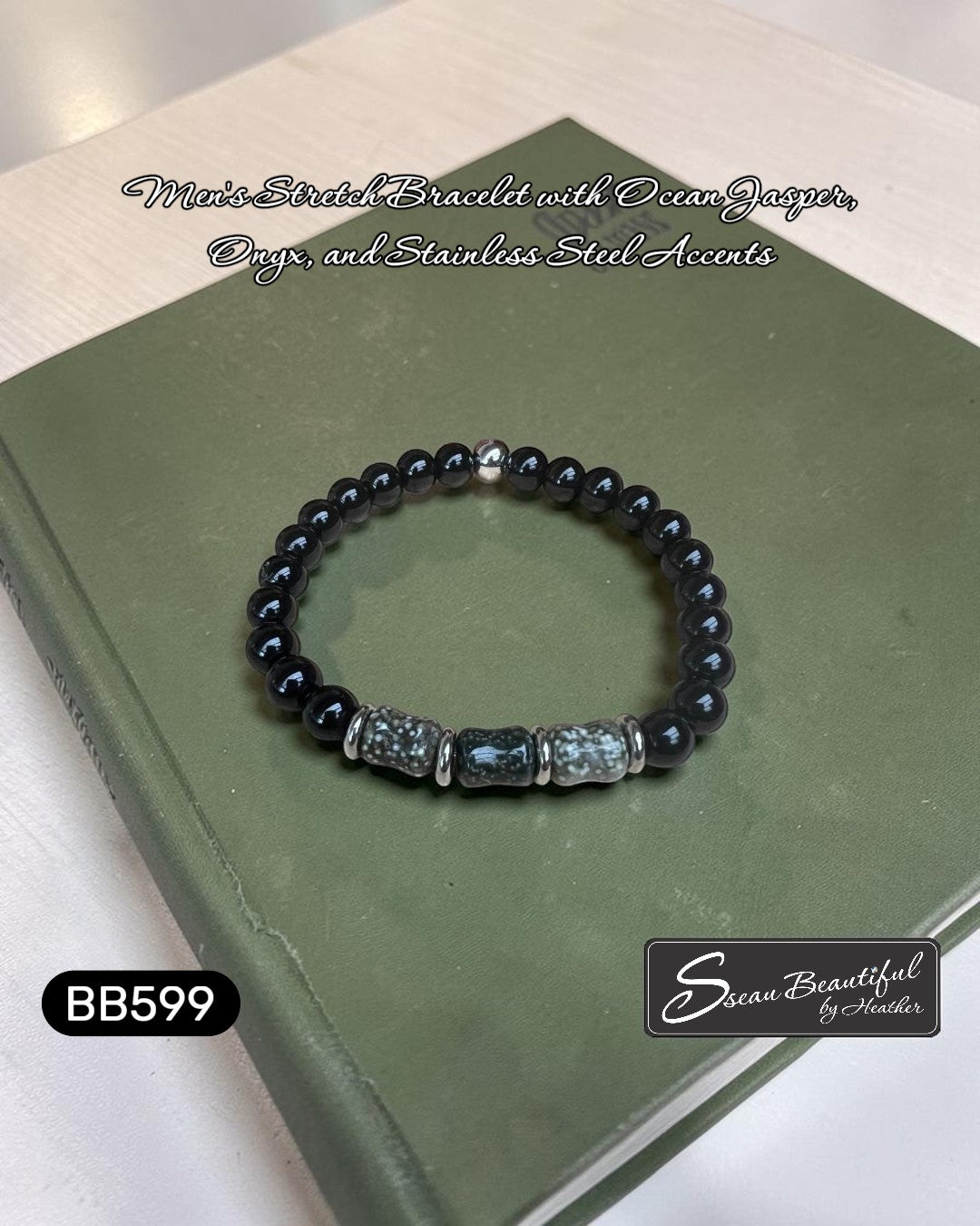 Sseau Beautiful! Men's stretch bracelet with black Onyx beads, Ocean Jasper tubes, and stainless steel spacers. 7.48 inch.