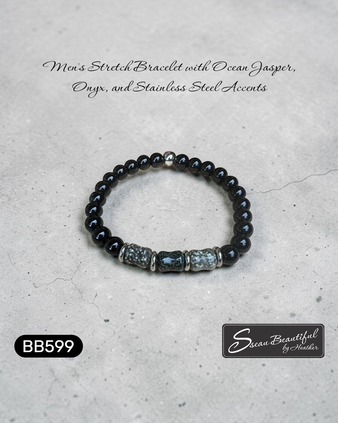 Sseau Beautiful! Men's stretch bracelet with black Onyx beads, Ocean Jasper tubes, and stainless steel spacers. 7.48 inch.