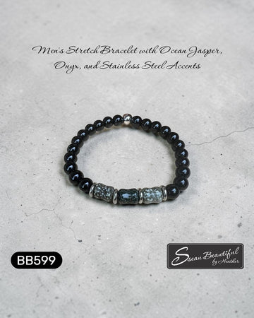 Sseau Beautiful! Men's stretch bracelet with black Onyx beads, Ocean Jasper tubes, and stainless steel spacers. 7.48 inch.