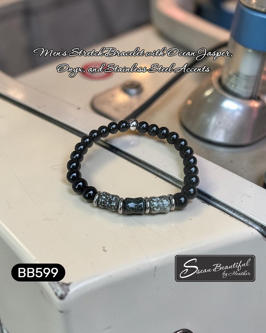 Sseau Beautiful! Men's stretch bracelet with black Onyx beads, Ocean Jasper tubes, and stainless steel spacers. 7.48 inch.