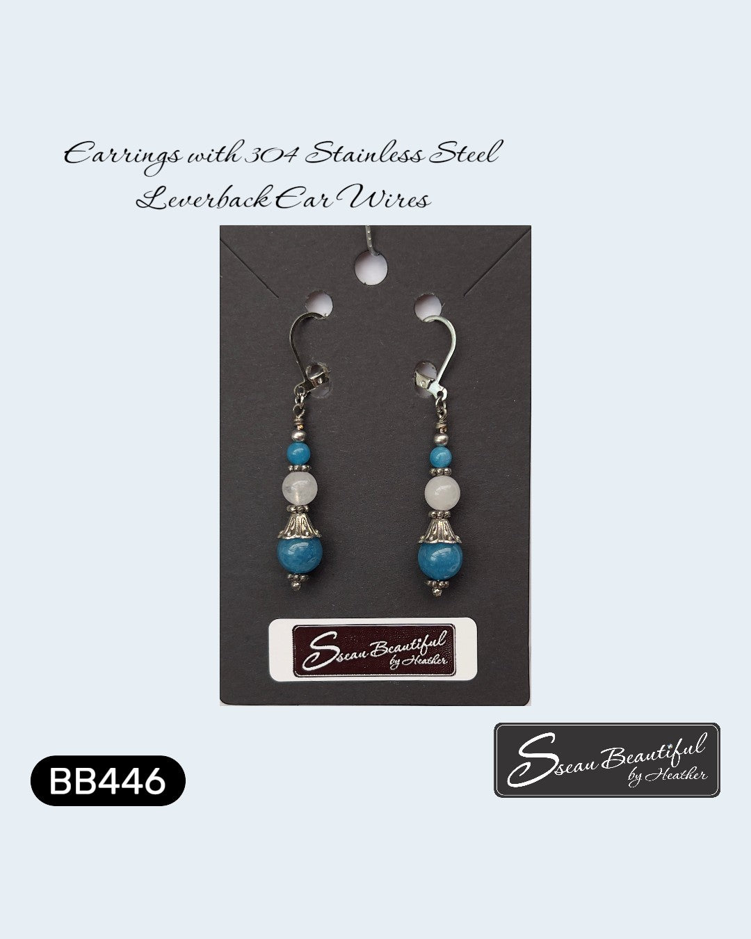 Sseau Beautiful! Ocean Mist dangle earrings with blue apatite and white nephrite jade stones, 2-inch drop, stainless steel lever backs.