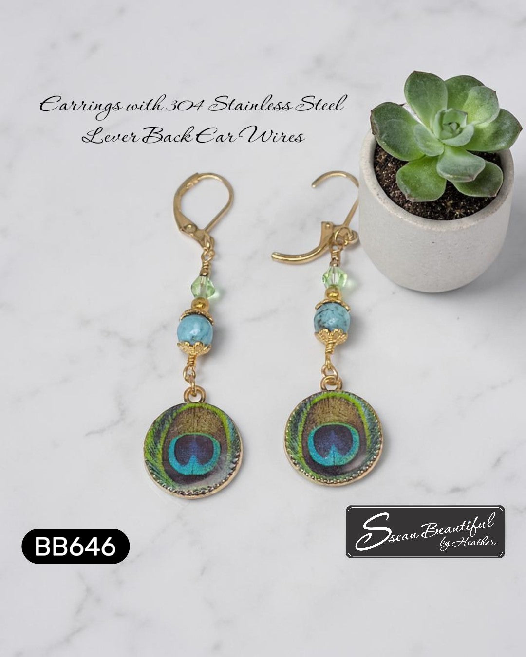 Sseau Beautiful! bohemian peacock dangle earrings with turquoise beads and green crystals, gold-tone lever backs.