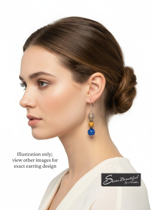 Sseau Beautiful! 2-inch dangle earrings with Picture Jasper, blue stone, and Czech glass beads on stainless steel lever backs.