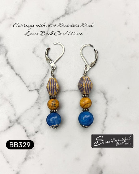 Sseau Beautiful! dangle earrings with Picture Jasper, blue stone, and Czech glass beads on 304 stainless steel lever backs.