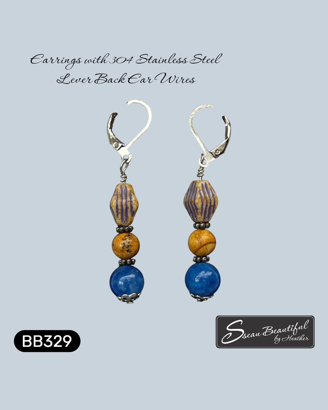 Sseau Beautiful! earrings with Picture Jasper, blue stone, and Czech glass beads on 304 stainless steel lever backs.