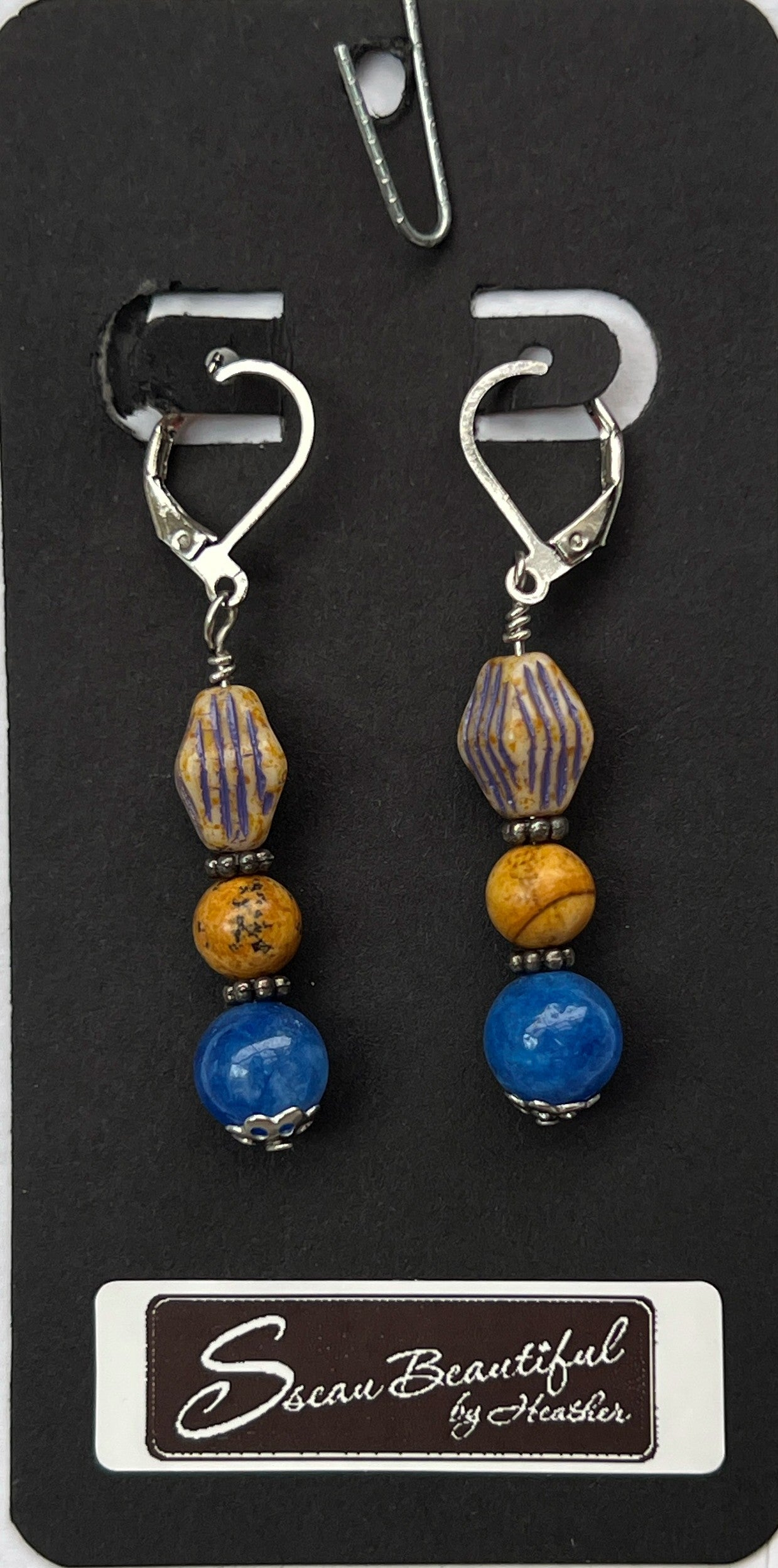 Sseau Beautiful! 2-inch dangle earrings with Picture Jasper, blue stone, and striped Czech glass beads. Stainless steel lever backs.