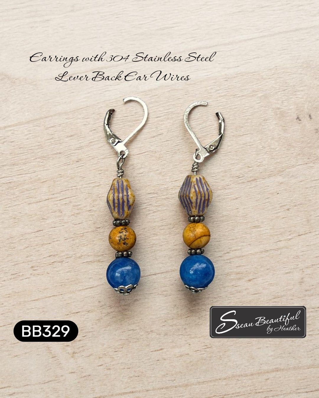 Sseau Beautiful! 2-inch dangle earrings with Picture Jasper, blue stone, and Czech glass beads on stainless steel lever backs.