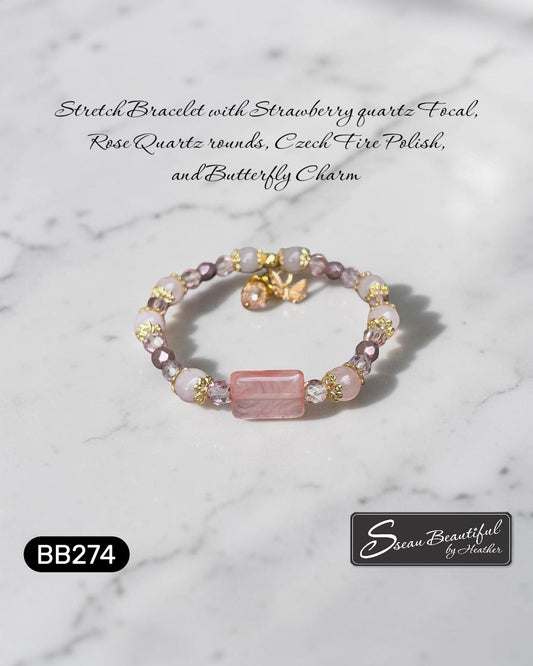 Sseau Beautiful! stretch bracelet with rose quartz, strawberry quartz focal, Czech crystals, and butterfly charm.