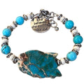 Sseau Beautiful! adjustable bracelet with Sea Sediment Jasper slice, turquoise Magnesite beads, cream Magnesite spacers, and engraved 