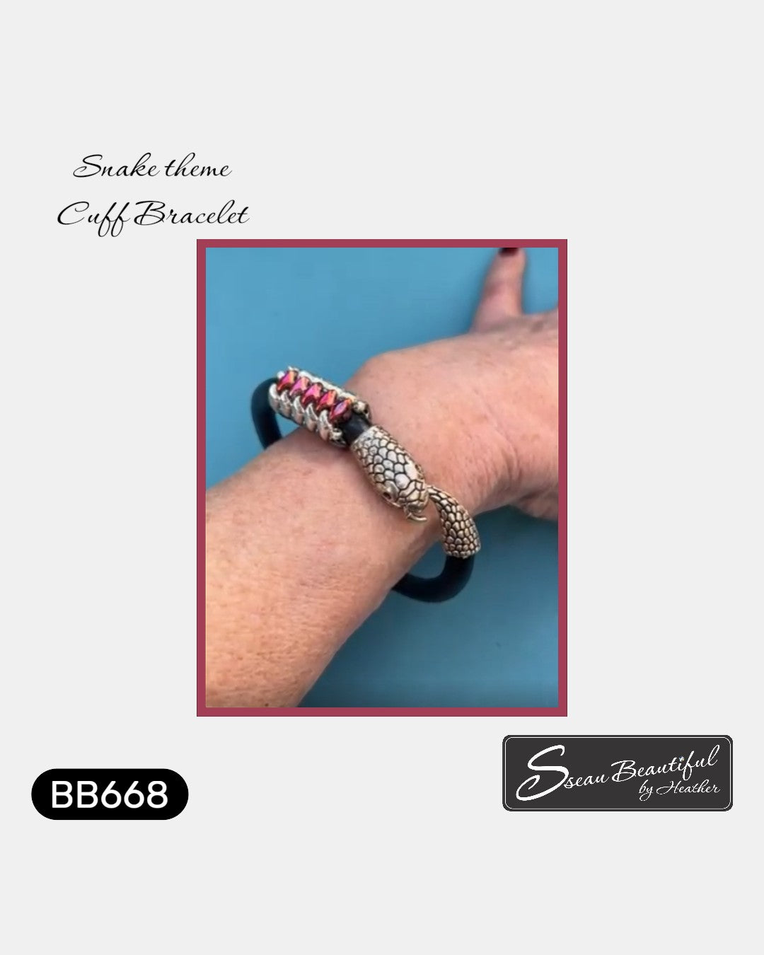 Sseau Beautiful! black leather cuff bracelet with a silver snake head clasp and pink GemDuo beads, 7 inch