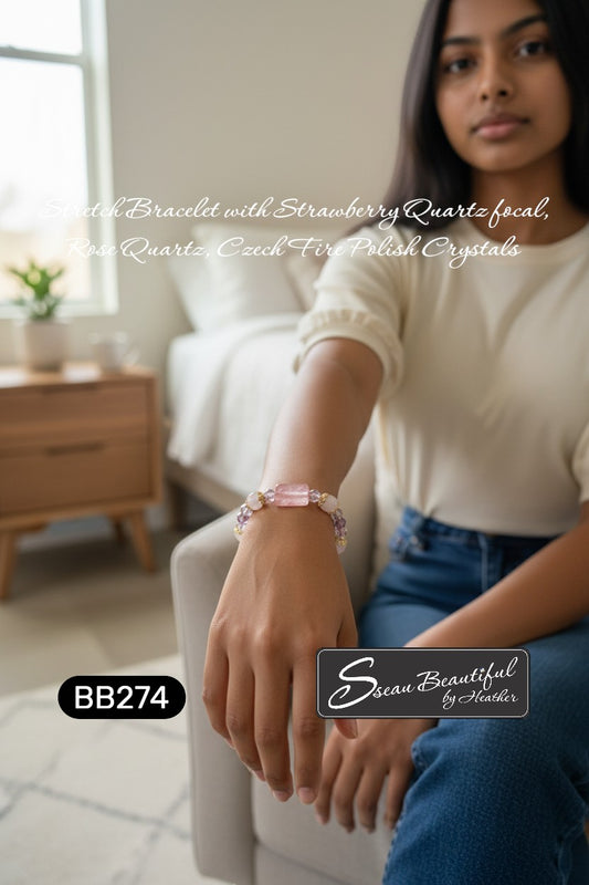 Sseau Beautiful! Strawberry Dream stretch bracelet with rose quartz, strawberry quartz focal, and butterfly charm.